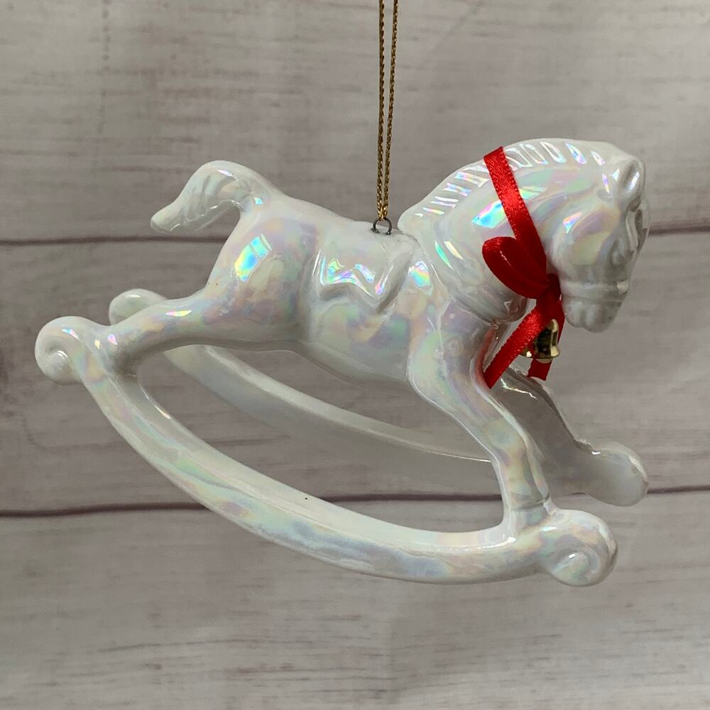 White Iridescent Rocking Horse Ornament with Red Bow and Bell 3 1/4" Tall